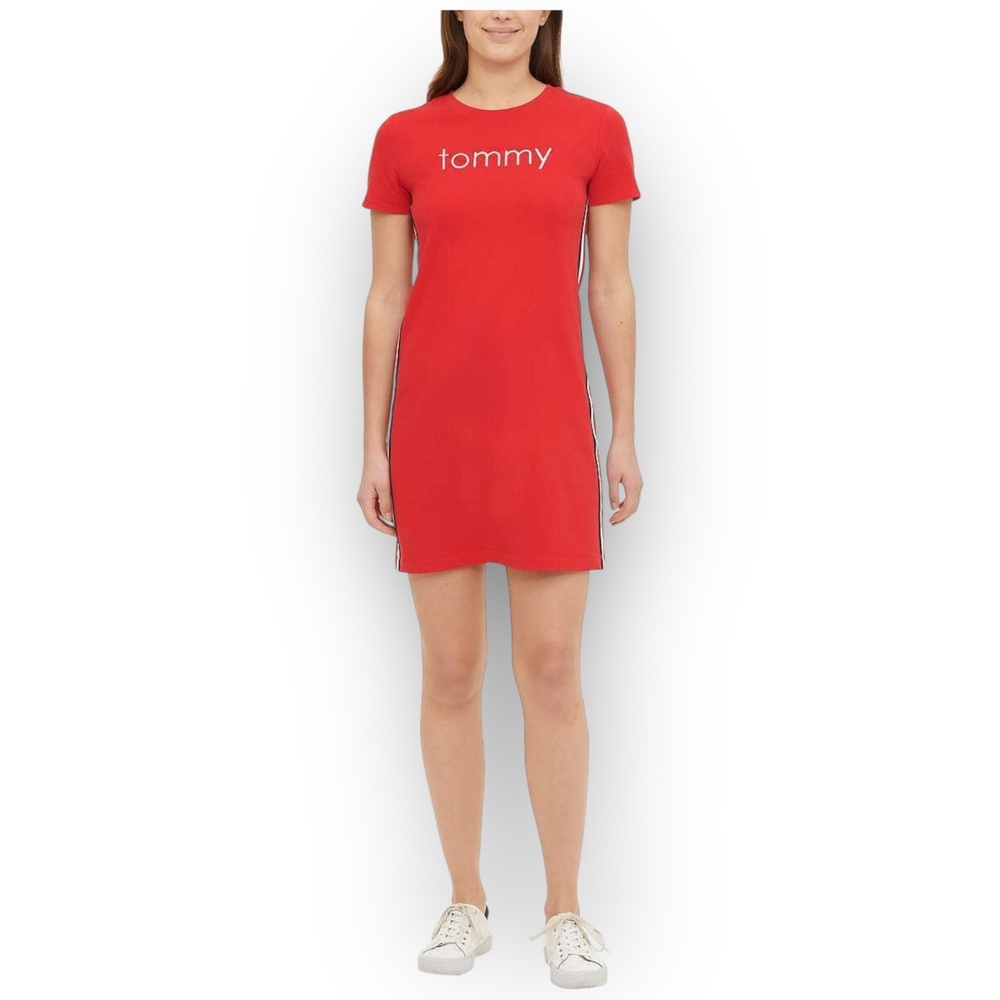Tommy Hilfiger Logo Tape T-Shirt Mini Dress L Red NWT Cotton Sporty Preppy Y2K